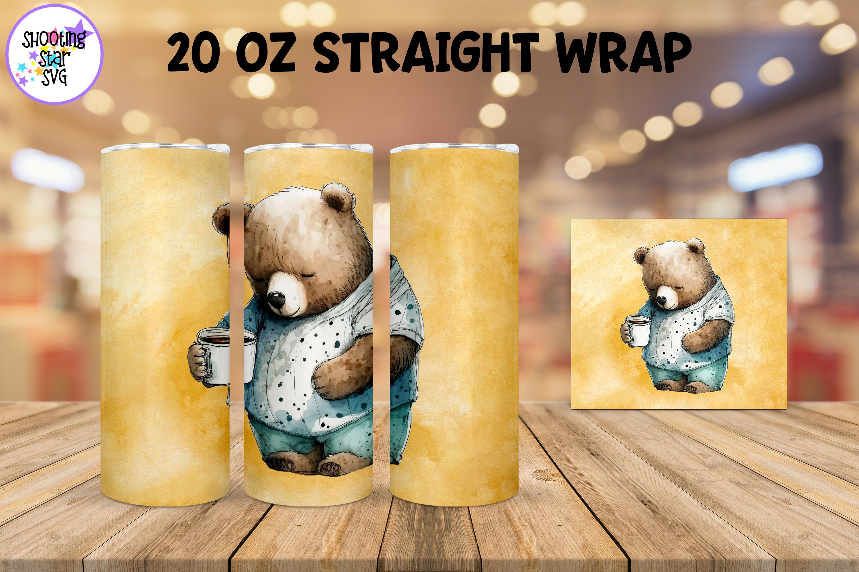 20 oz Sublimation Tumbler Wrap - Watercolor Sleepy Bear holding a Coffee