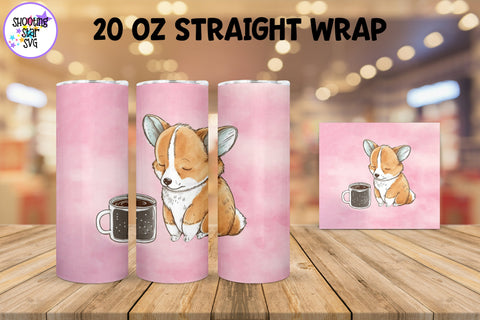 20 oz Sublimation Tumbler Wrap - Watercolor Sleepy Corgi holding a Coffee 20 oz Sublimation Tumbler Wrap - Watercolor Sleepy Corgi holding a Coffee