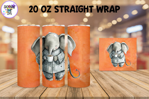20 oz Sublimation Tumbler Wrap - Watercolor Sleepy Elephant holding a Coffee