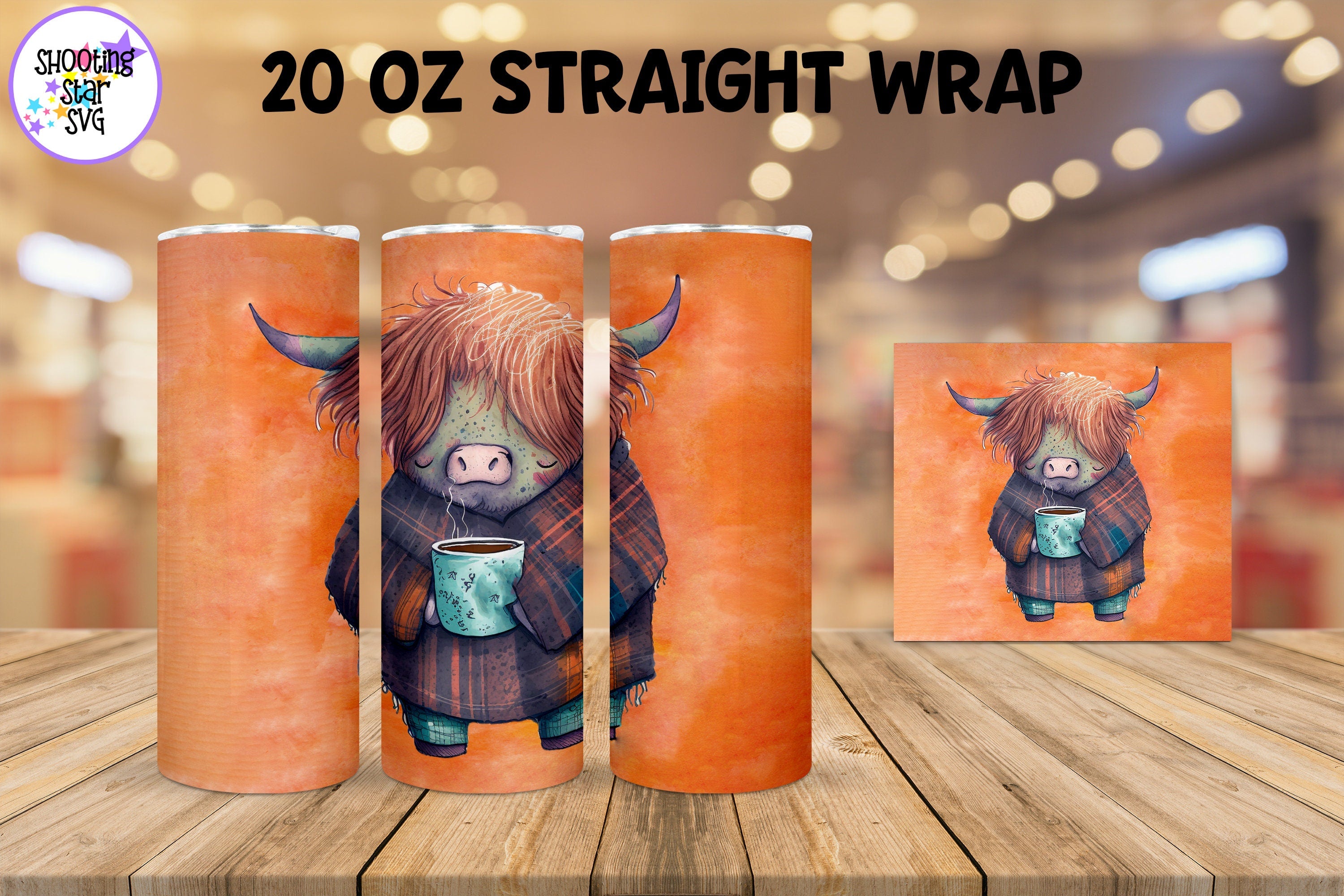 20 oz Sublimation Tumbler Wrap - Watercolor Sleepy Highland Cow holding a Coffee 20 oz Sublimation Tumbler Wrap - Watercolor Sleepy Highland Cow holding a Coffee