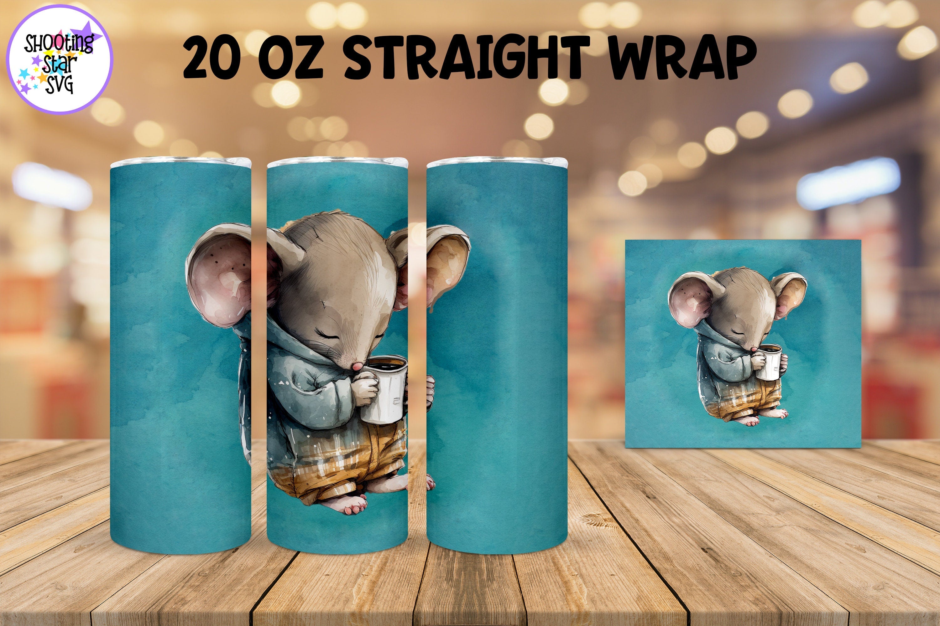 20 oz Sublimation Tumbler Wrap - Watercolor Sleepy Mouse holding a Coffee 20 oz Sublimation Tumbler Wrap - Watercolor Sleepy Mouse holding a Coffee