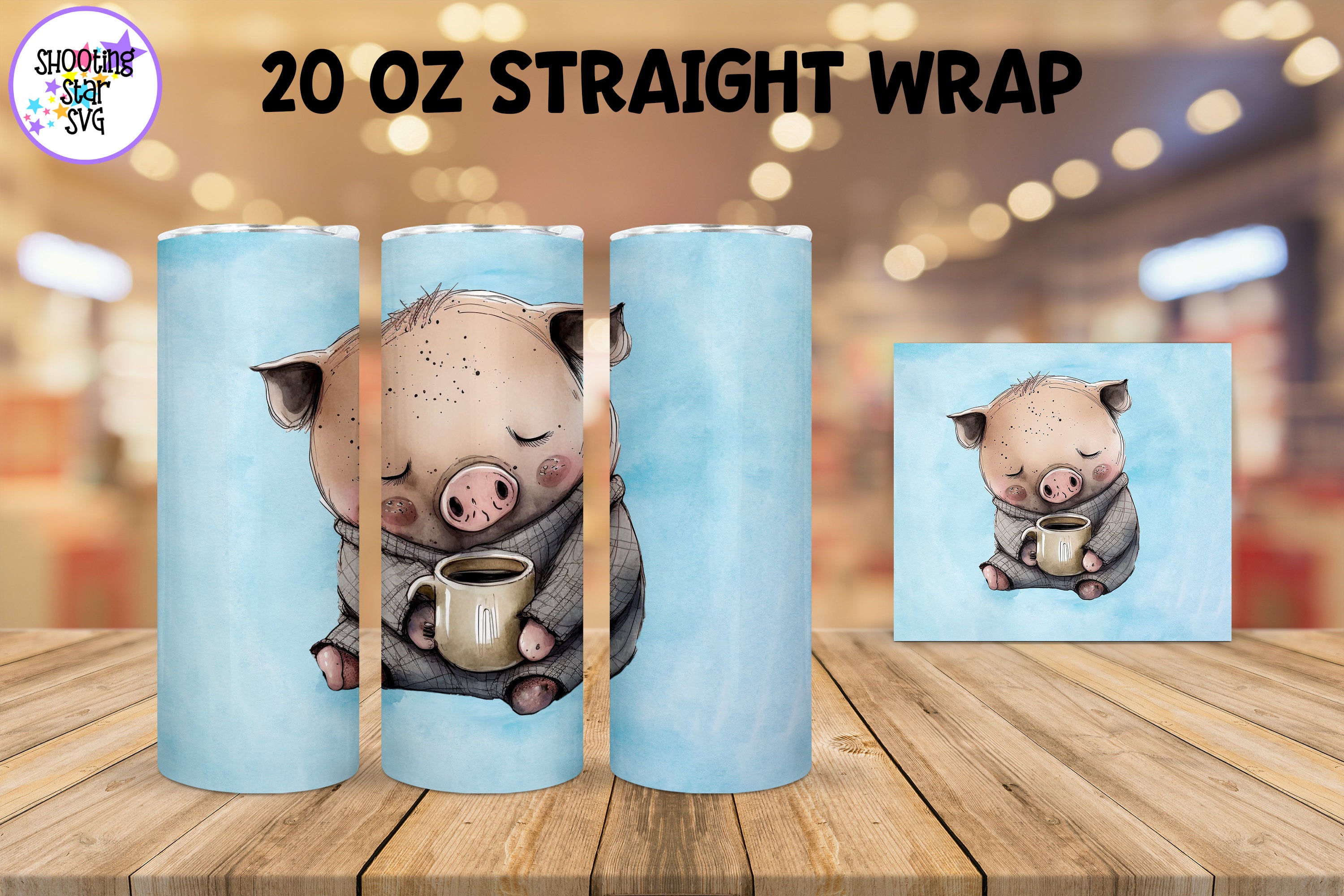 20 oz Sublimation Tumbler Wrap - Watercolor Sleepy Pig holding a Coffee 20 oz Sublimation Tumbler Wrap - Watercolor Sleepy Pig holding a Coffee