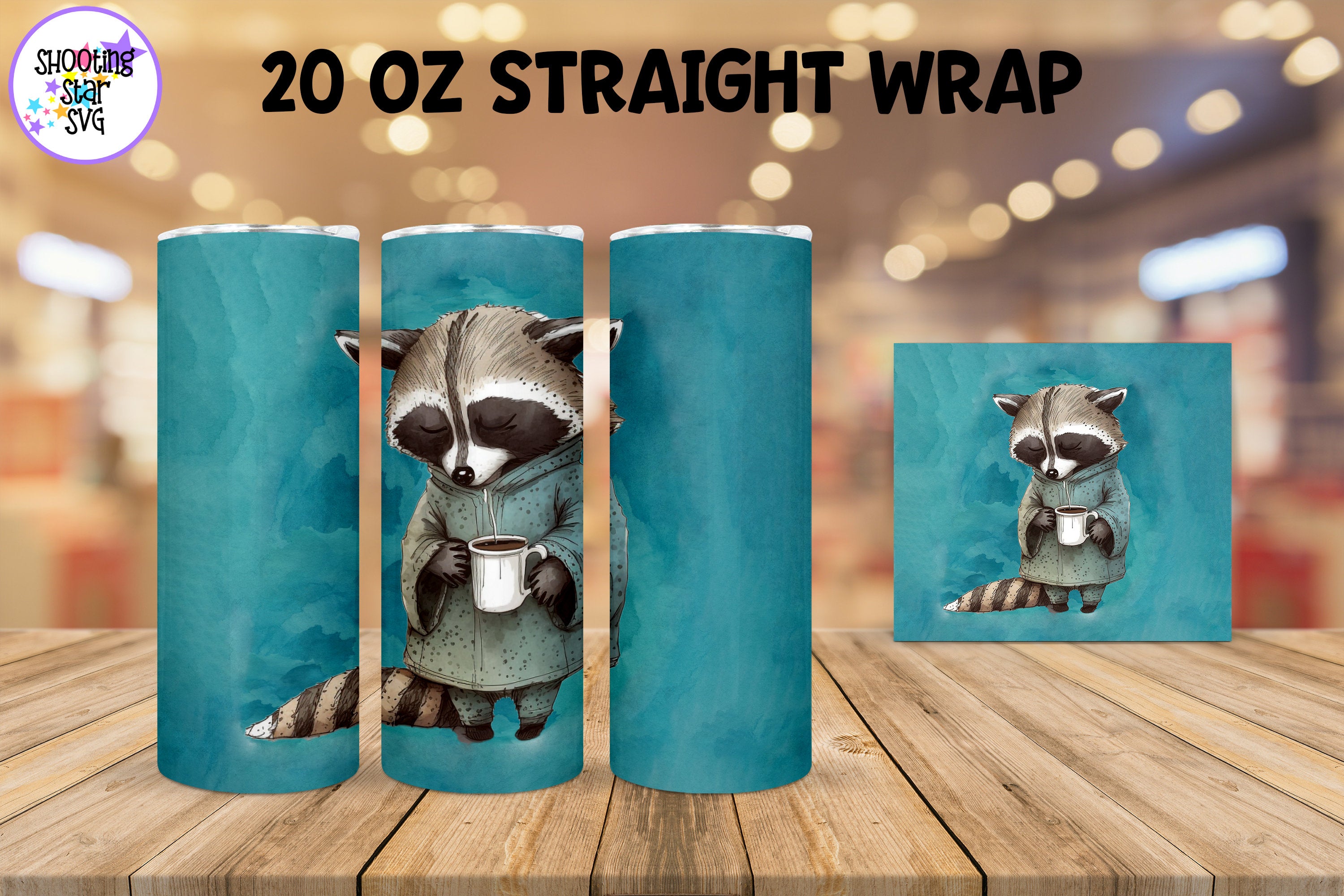 20 oz Sublimation Tumbler Wrap - Watercolor Sleepy Raccoon holding a Coffee 20 oz Sublimation Tumbler Wrap - Watercolor Sleepy Raccoon holding a Coffee