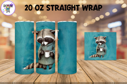 20 oz Sublimation Tumbler Wrap - Watercolor Sleepy Raccoon holding a Coffee 20 oz Sublimation Tumbler Wrap - Watercolor Sleepy Raccoon holding a Coffee