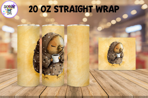 20 oz Sublimation Tumbler Wrap - Watercolor Sleepy Chicken holding a Coffee 20 oz Sublimation Tumbler Wrap - Watercolor Sleepy Chicken holding a Coffee