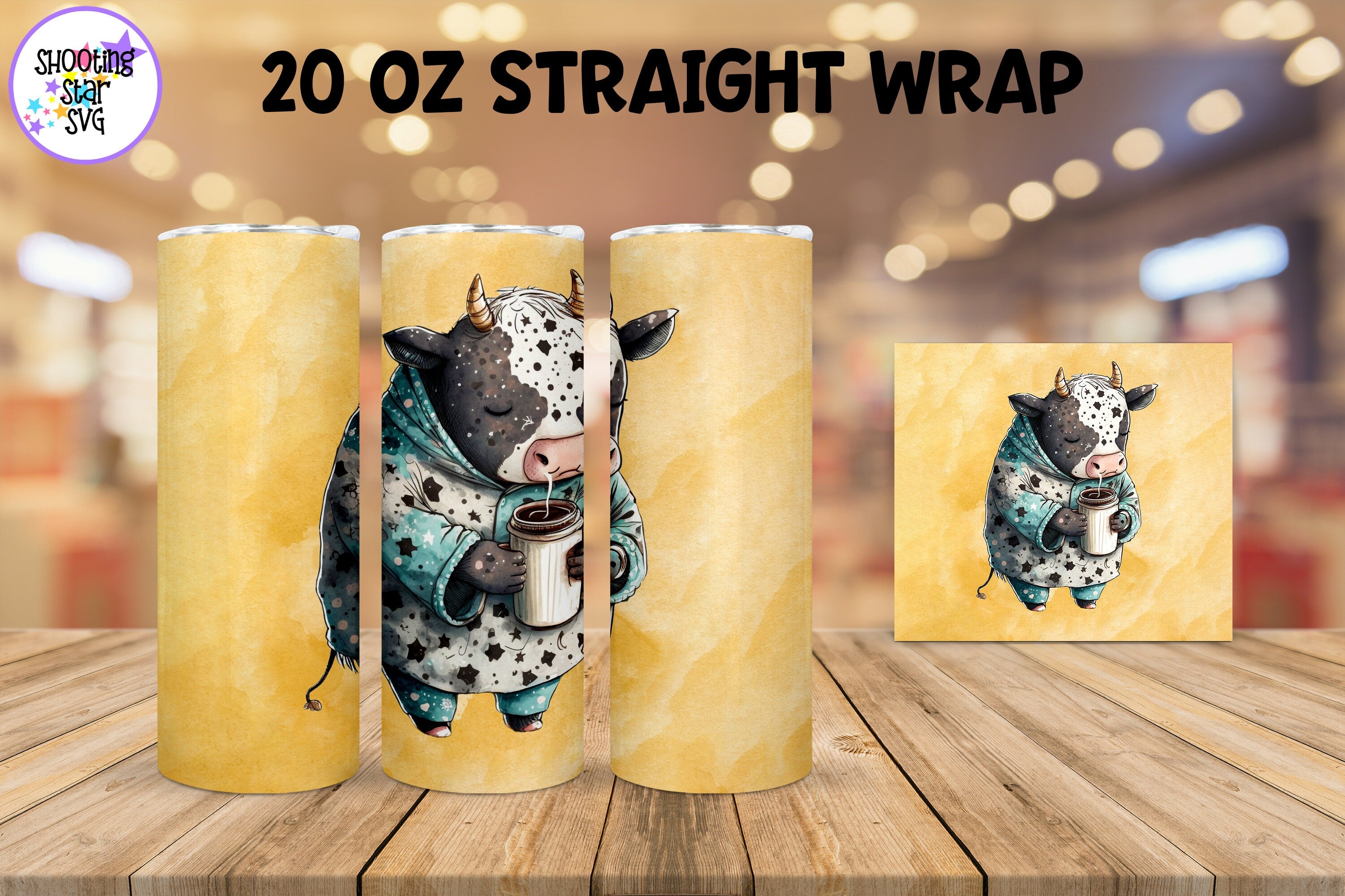 20 oz Sublimation Tumbler Wrap - Watercolor Sleepy Cow holding a Coffe