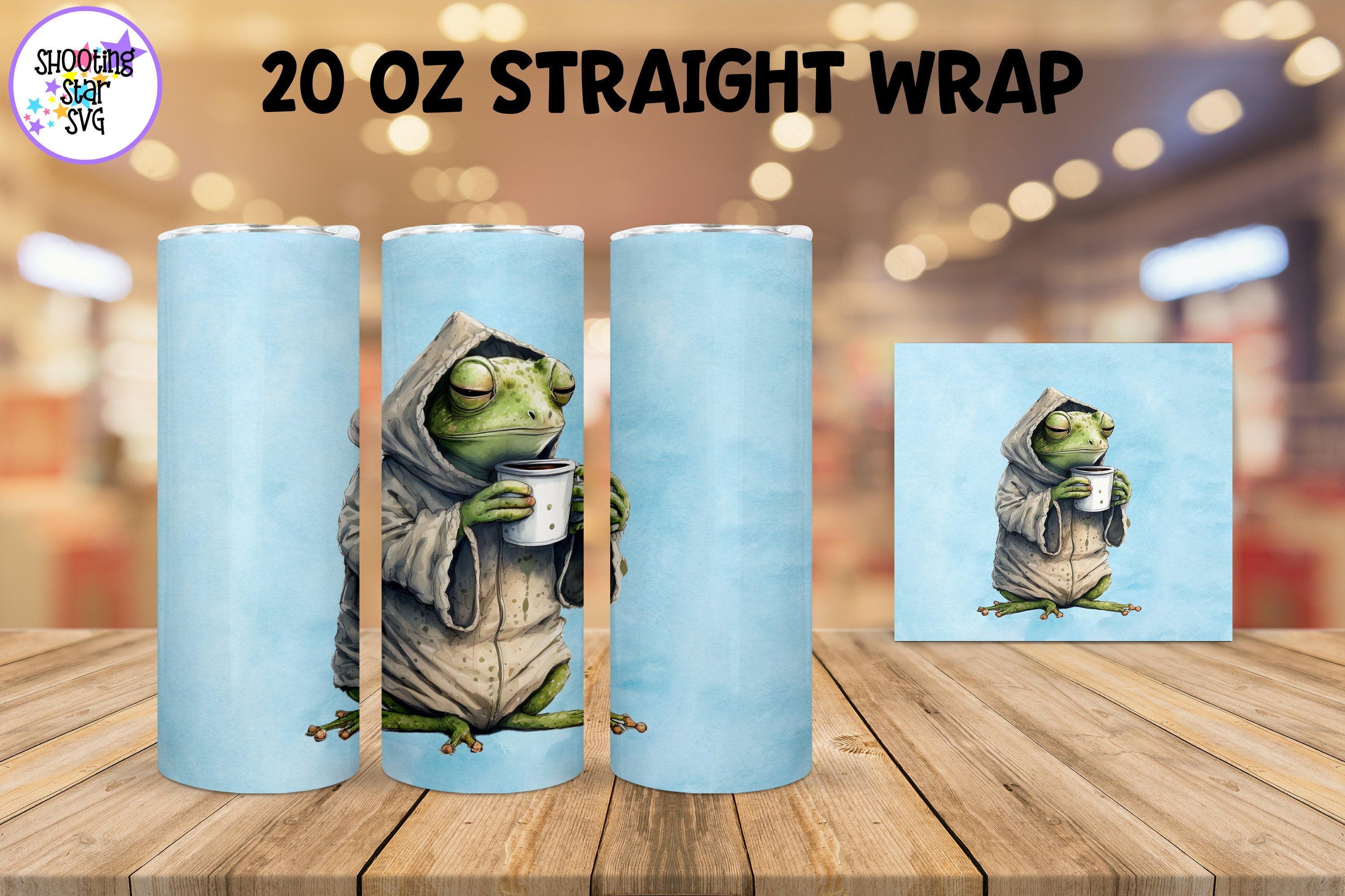 20 oz Sublimation Tumbler Wrap - Watercolor Sleepy Frog holding a Coffee