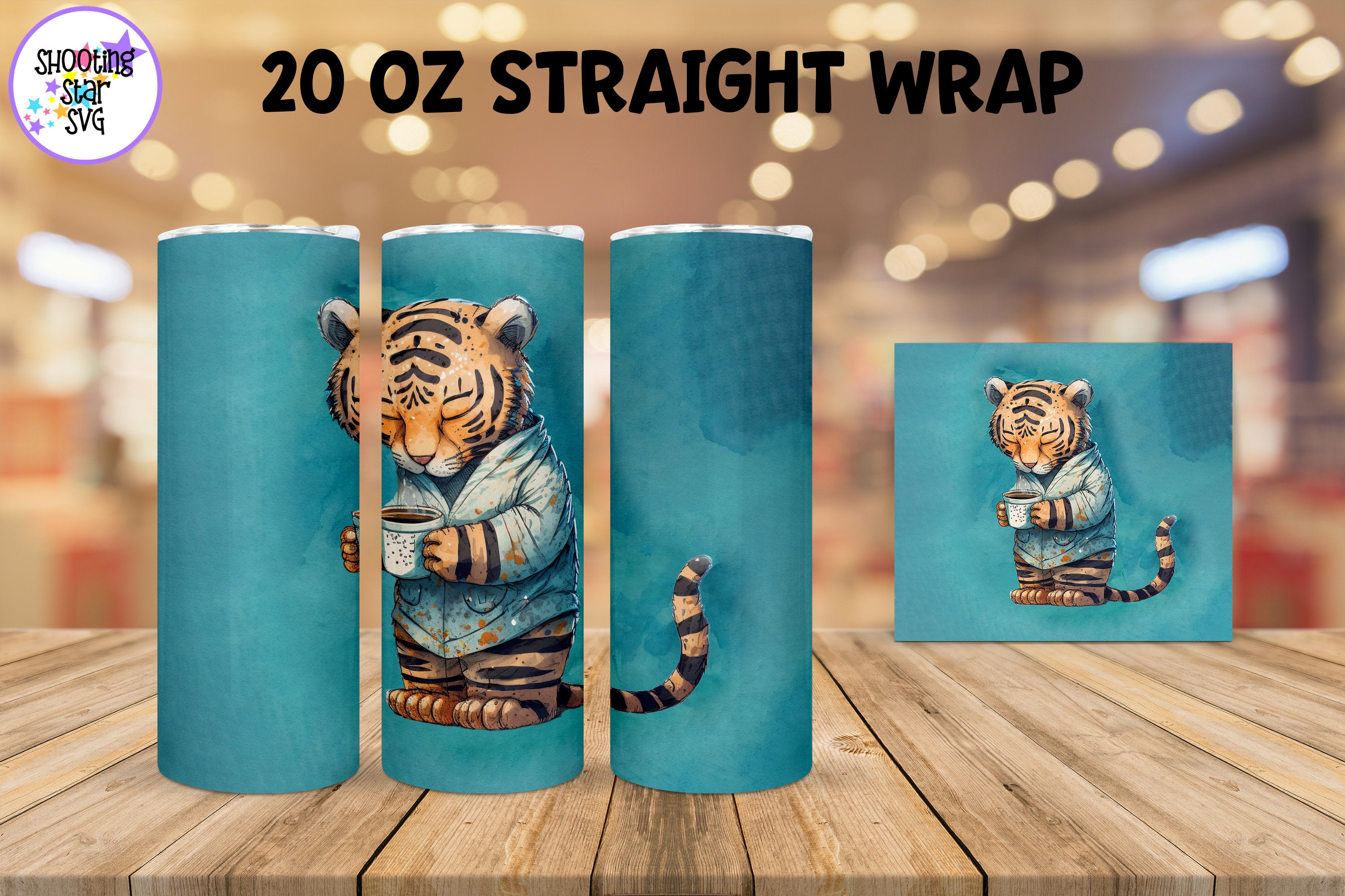 20 oz Sublimation Tumbler Wrap - Watercolor Sleepy Tiger holding a Coffee 20 oz Sublimation Tumbler Wrap - Watercolor Sleepy Tiger holding a Coffee