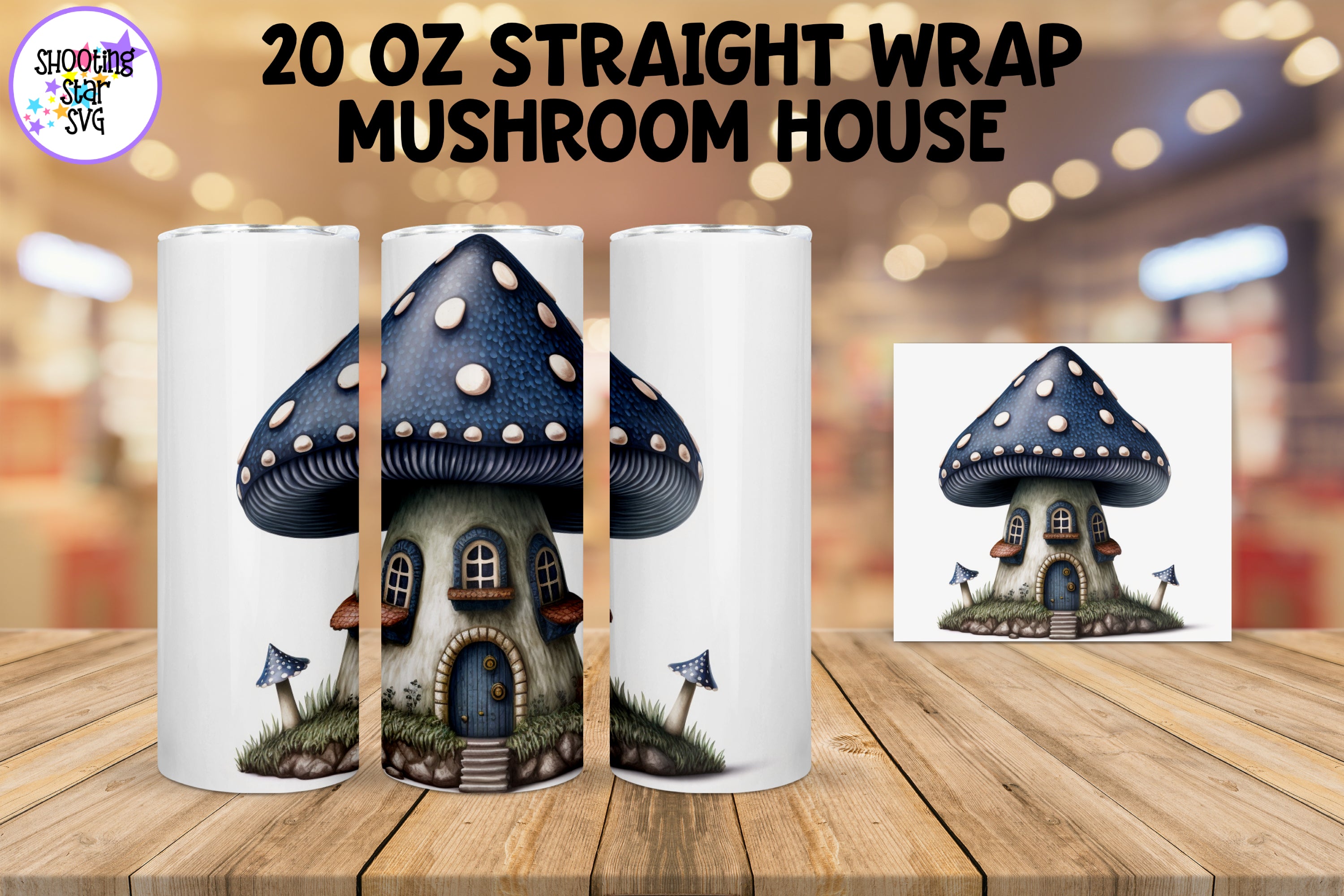 Tiny Blue Mushroom House Sublimation Tumbler Wrap