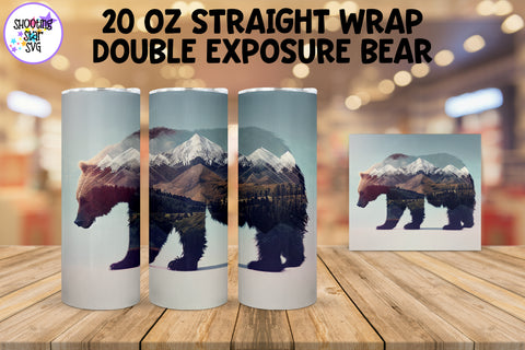 Double Exposure Bear and Mountains Sublimation Tumbler Wrap