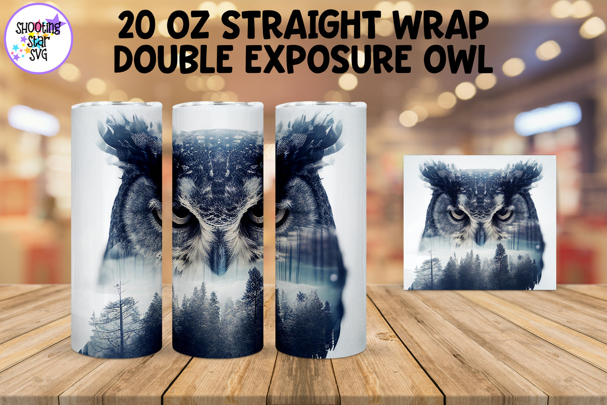 Double Exposure Owl and Snow Forest Sublimation Tumbler Wrap
