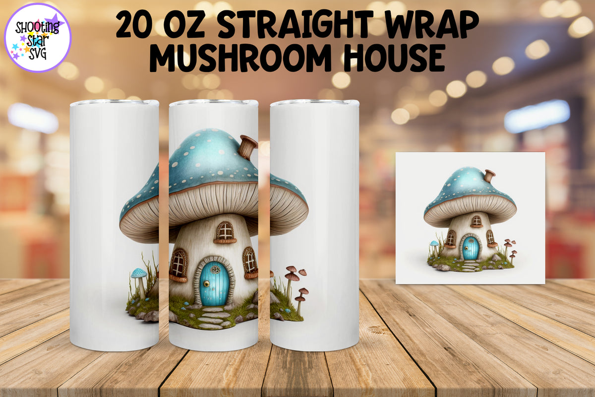 Tiny Light Blue Mushroom House Sublimation Tumbler Wrap
