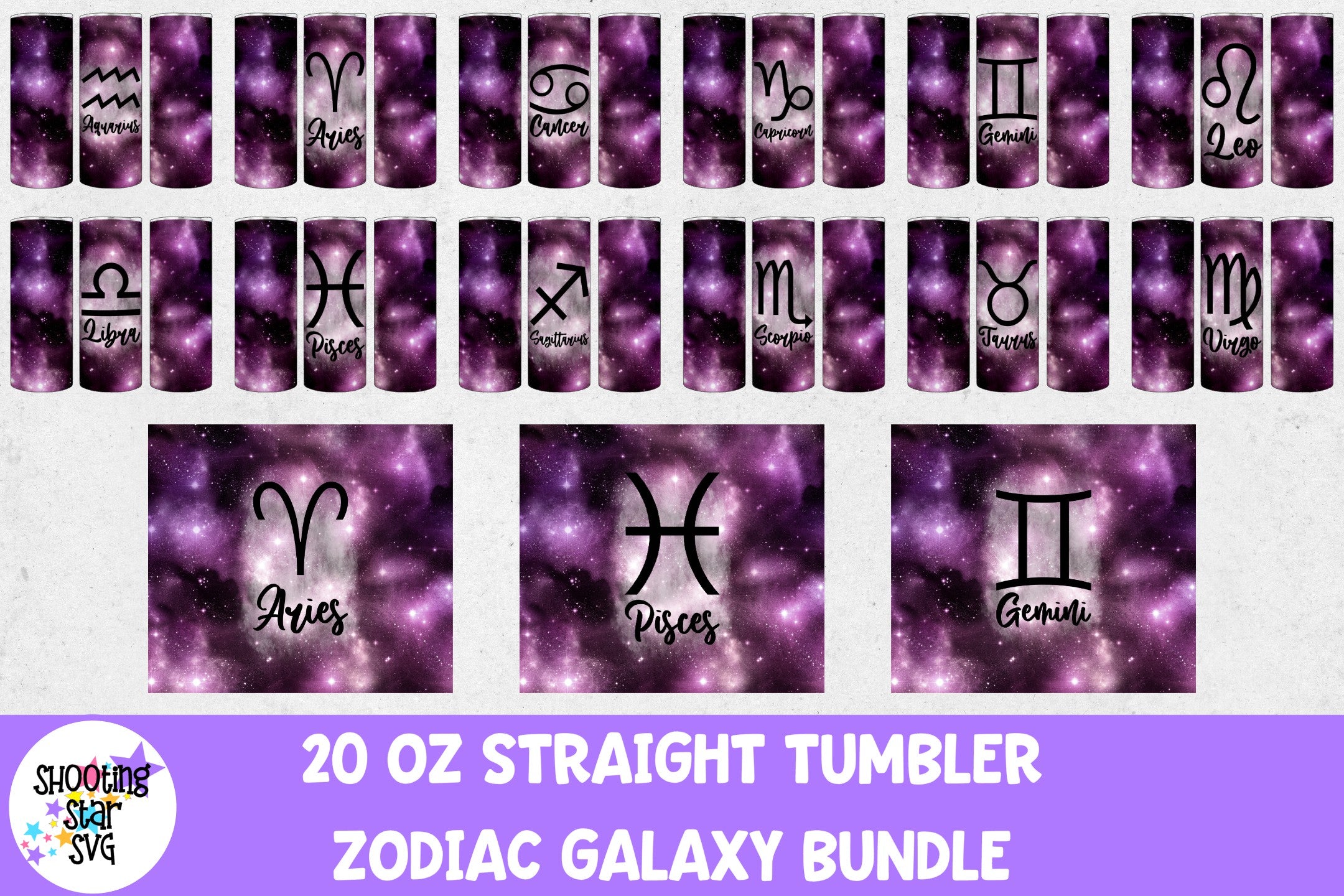 20 OZ Straight Tumbler Zodiac Galaxy Sublimation Bundle
