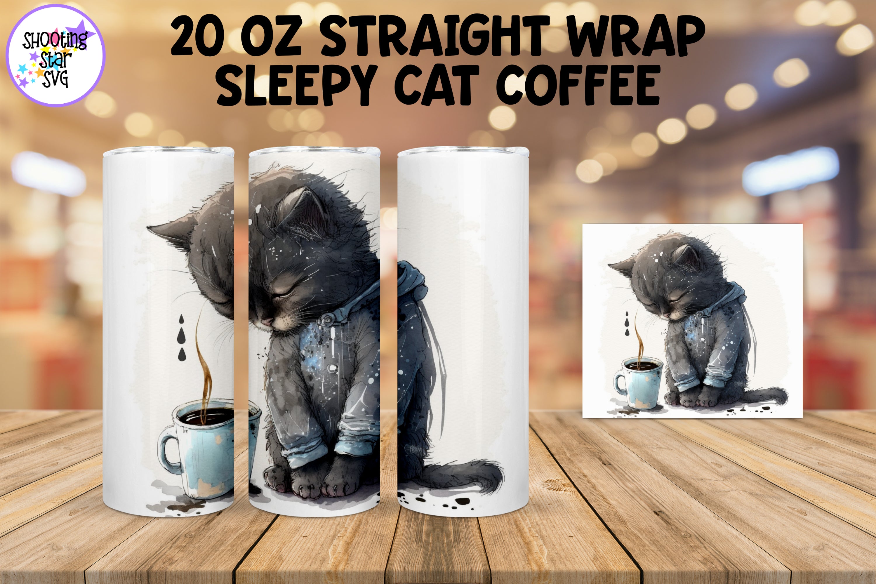Sleepy Cat with Coffee Watercolor Sublimation Tumbler Wrap