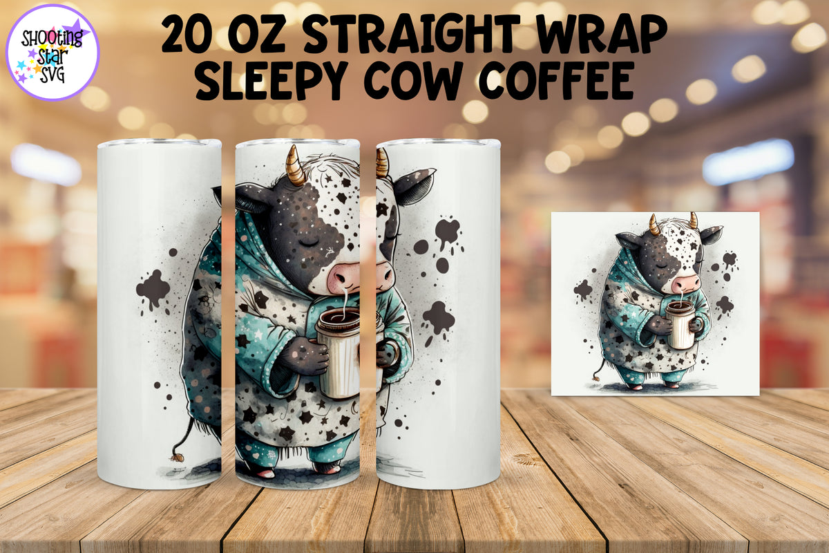 Sleepy Cow with Coffee Watercolor Sublimation Tumbler Wrap