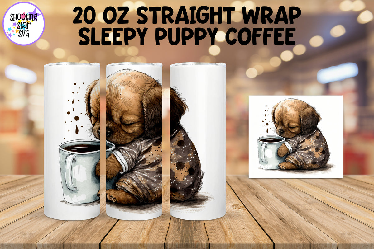 Sleepy Puppy with Coffee Watercolor Sublimation Tumbler Wrap