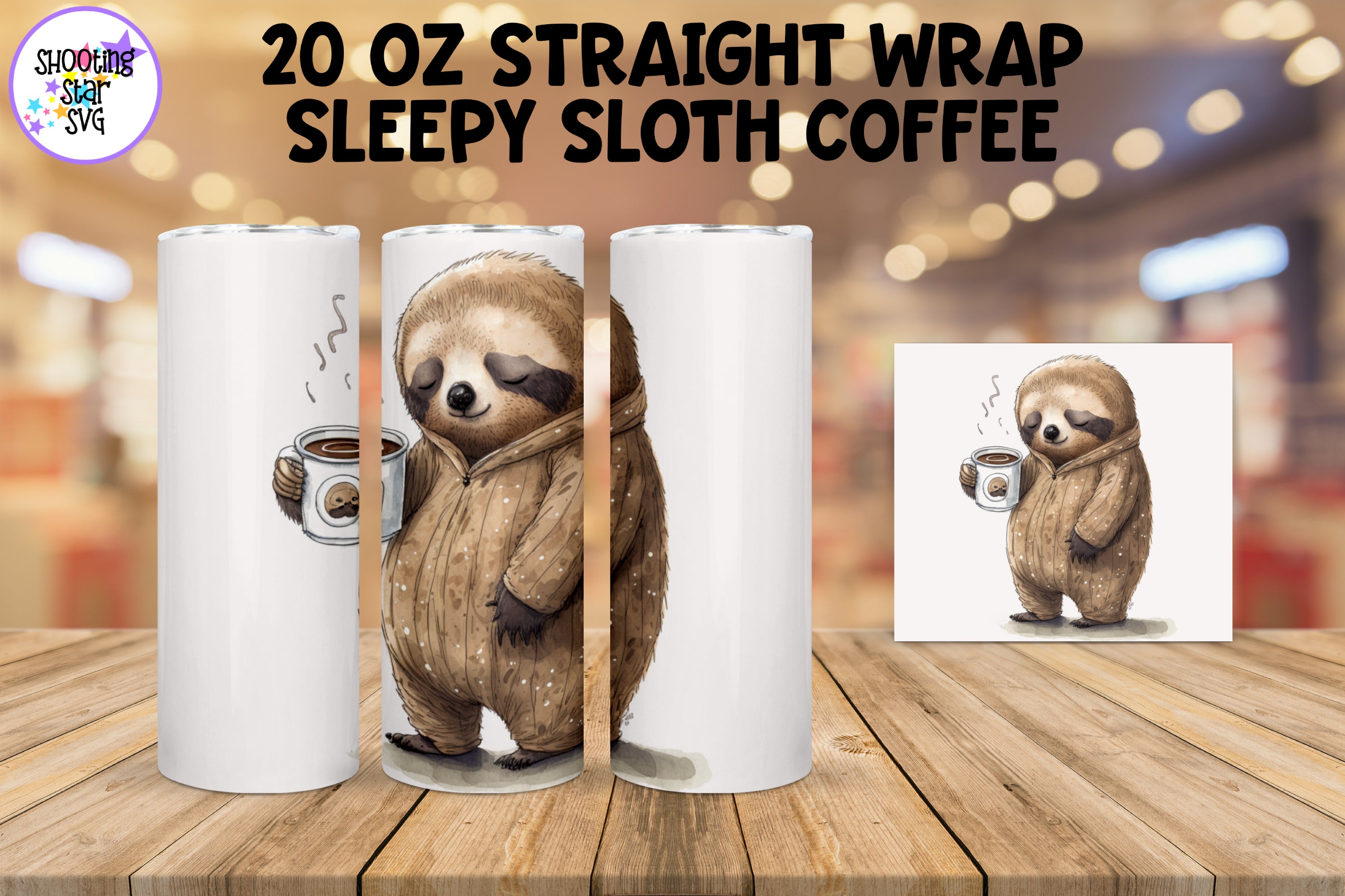 Sleepy Sloth with Coffee Watercolor Sublimation Tumbler Wrap