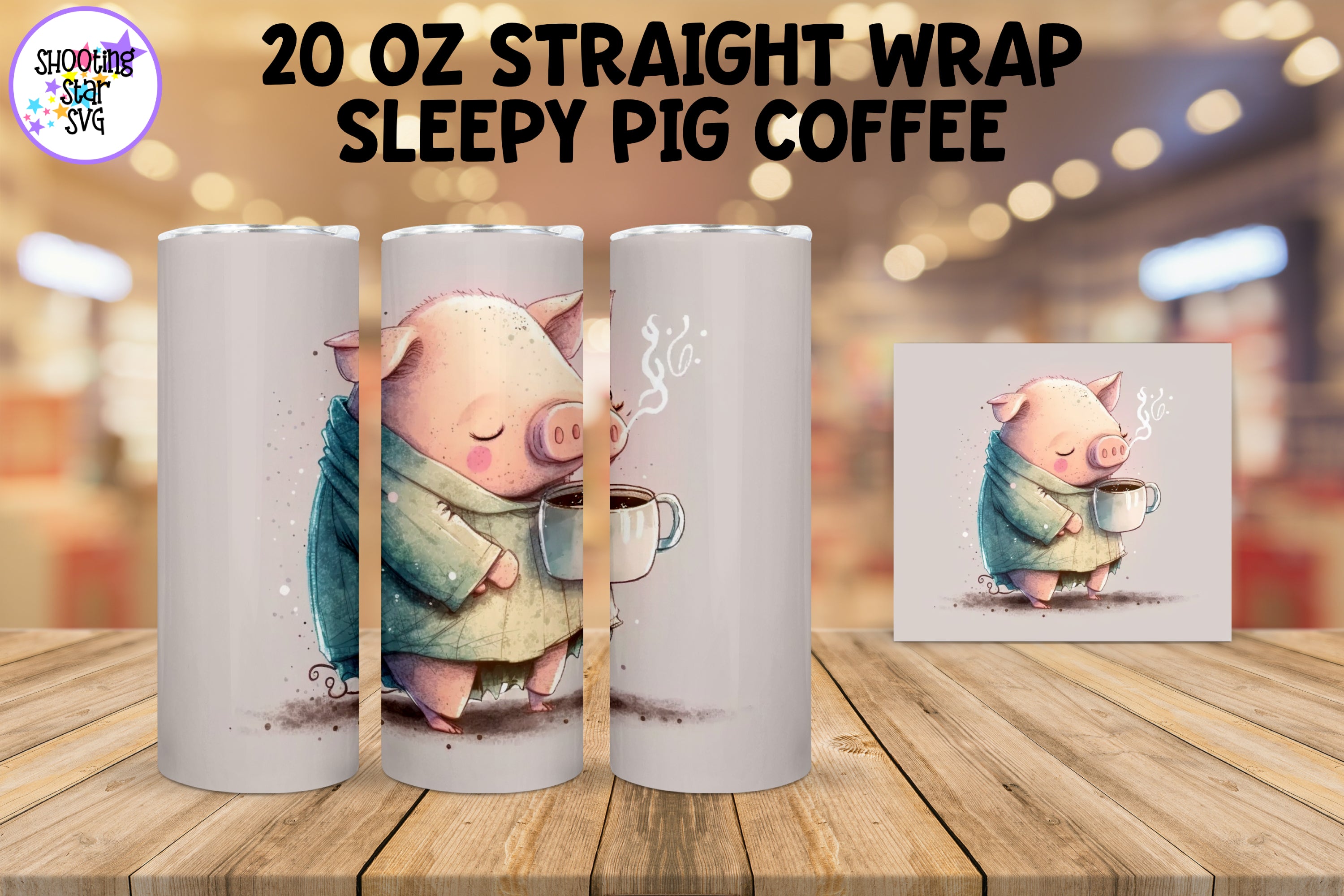 Sleepy Pig with Coffee Watercolor Sublimation Tumbler Wrap
