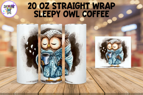 Sleepy Owl with Coffee Watercolor Sublimation Tumbler Wrap