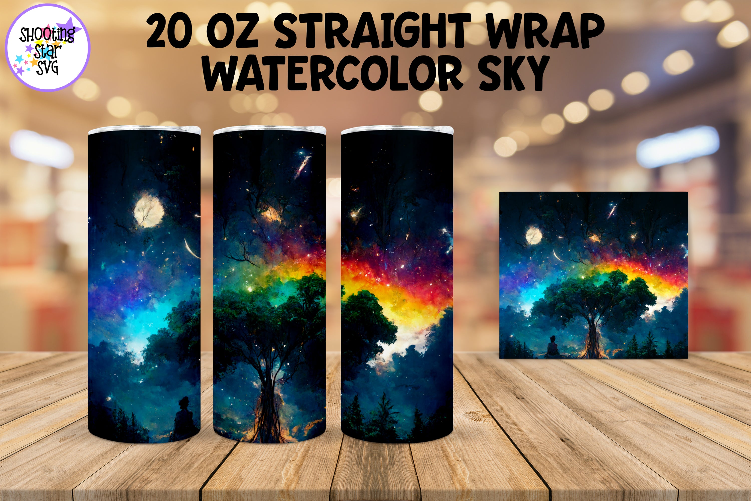 Rainbow Sky with Tree Tumbler Wrap - Sublimation Watercolor