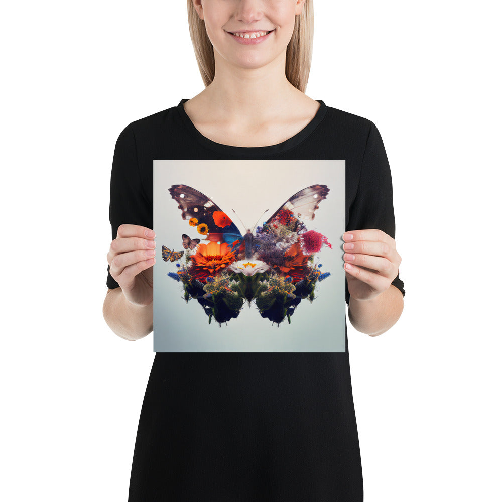 Double Exposure Butterfly and a Flower Garden on a Square Matte Poster