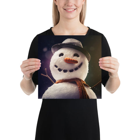 Realistic Snowman Portrait on a Square Matte Poster