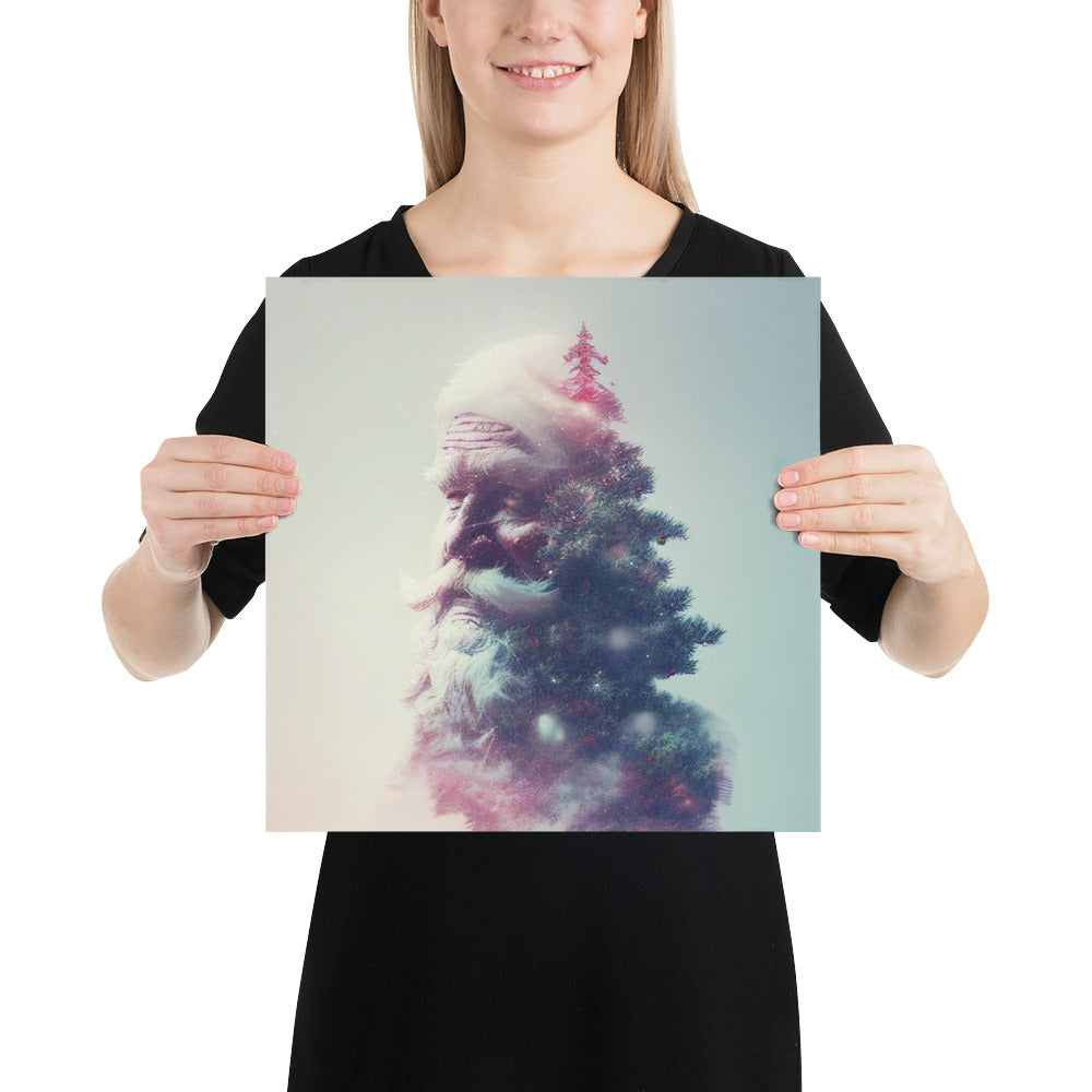 Double Exposure Santa and a Christmas Tree on a Square Matte Poster