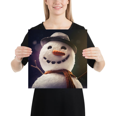 Realistic Snowman Portrait on a Square Matte Poster
