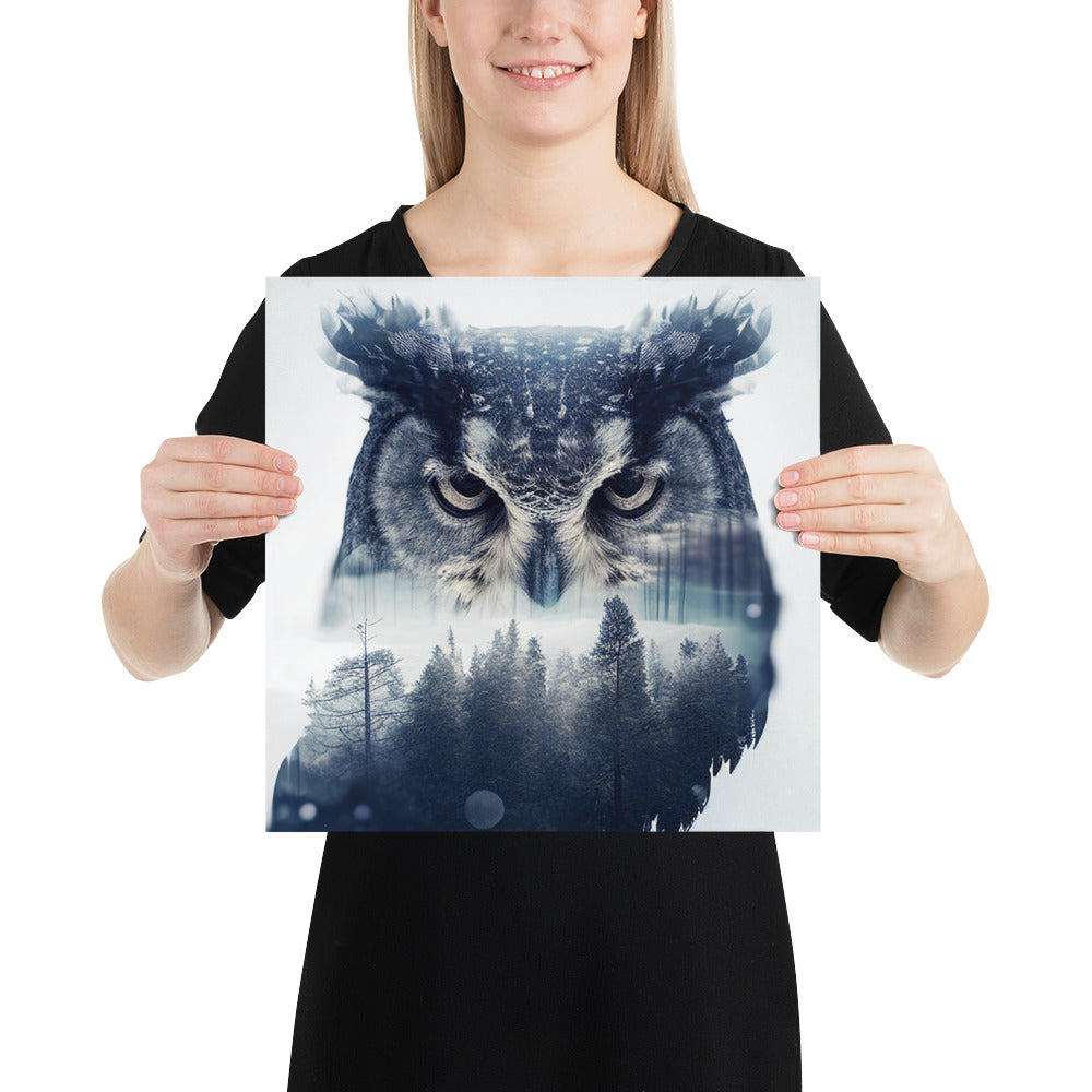 Double Exposure Owl and the Snowy Forest on a Square Matte Poster