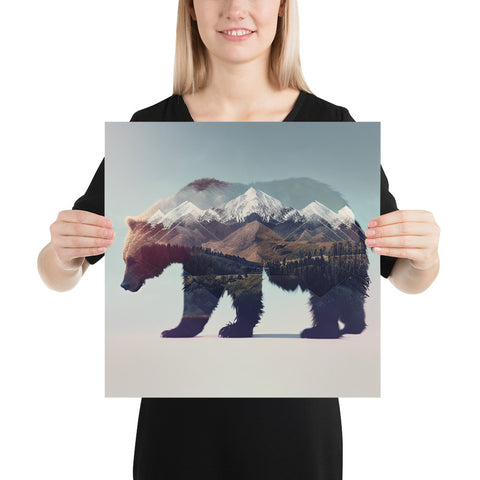 Double Exposure Bear and Mountains on a Square Matte Poster