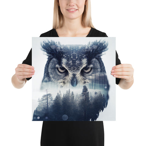Double Exposure Owl and the Snowy Forest on a Square Matte Poster