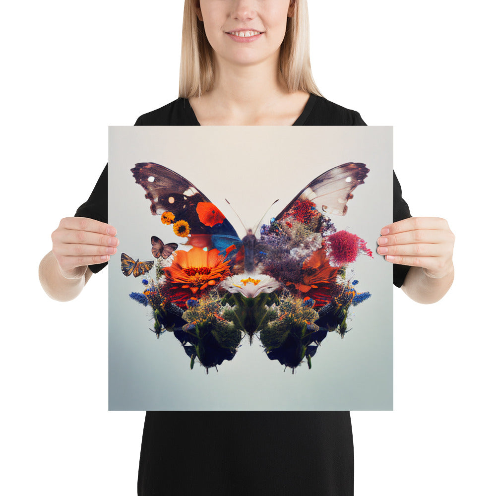 Double Exposure Butterfly and a Flower Garden on a Square Matte Poster