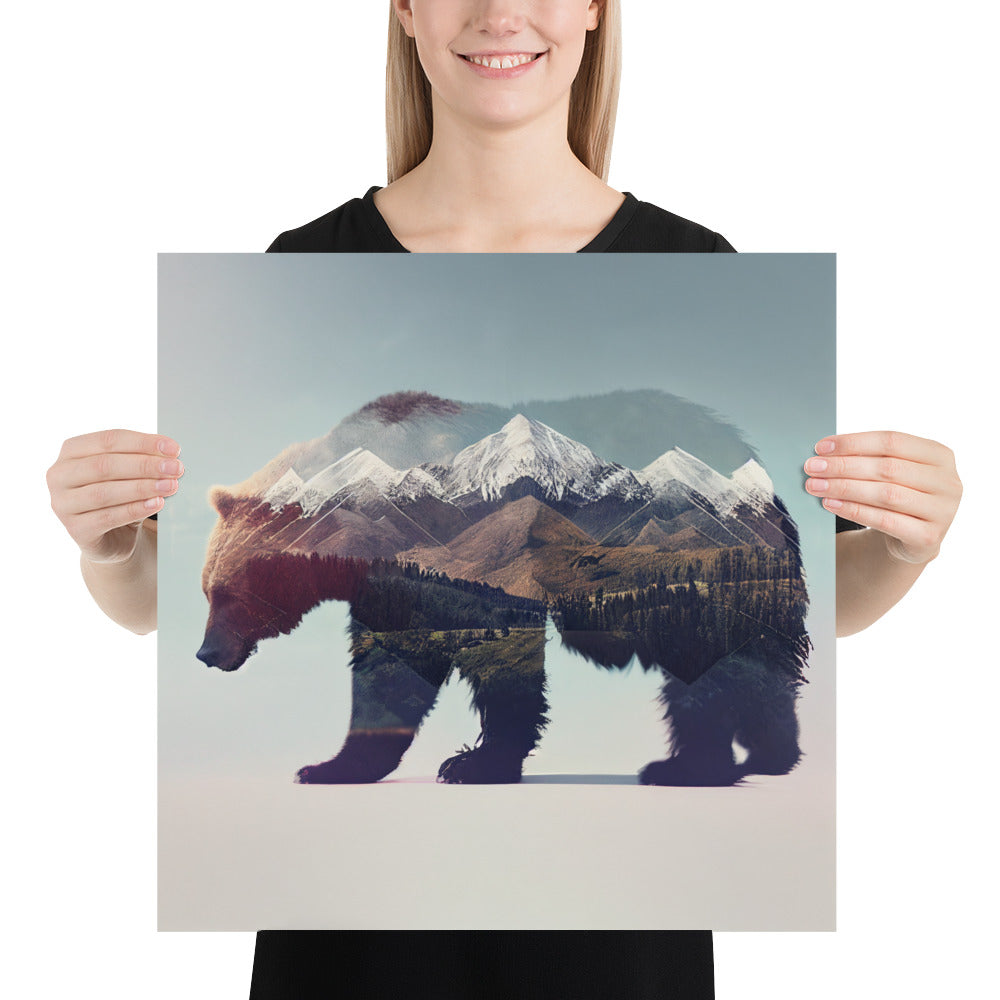 Double Exposure Bear and Mountains on a Square Matte Poster