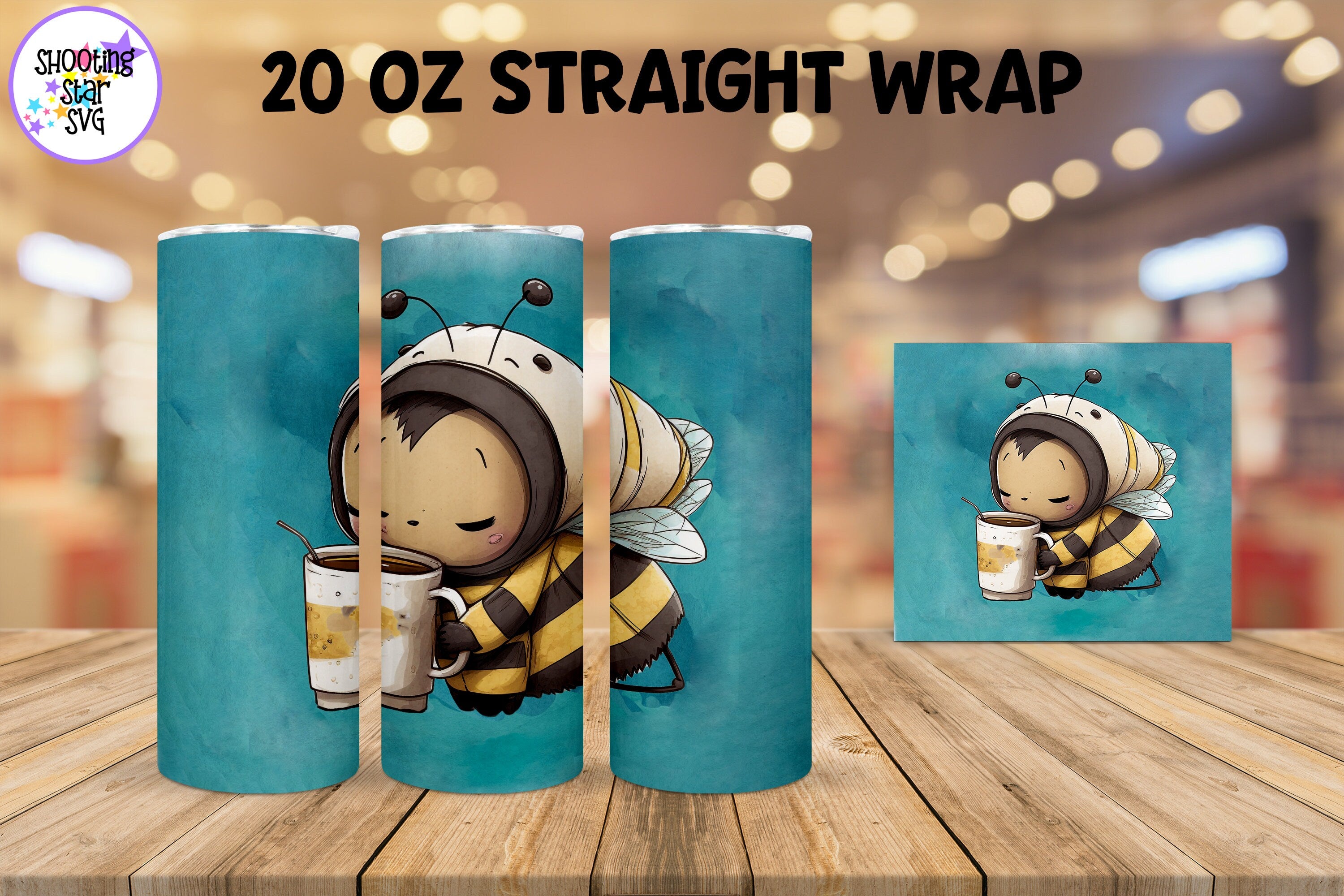 20 oz Sublimation Tumbler Wrap - Watercolor Sleepy Bee holding a Coffee