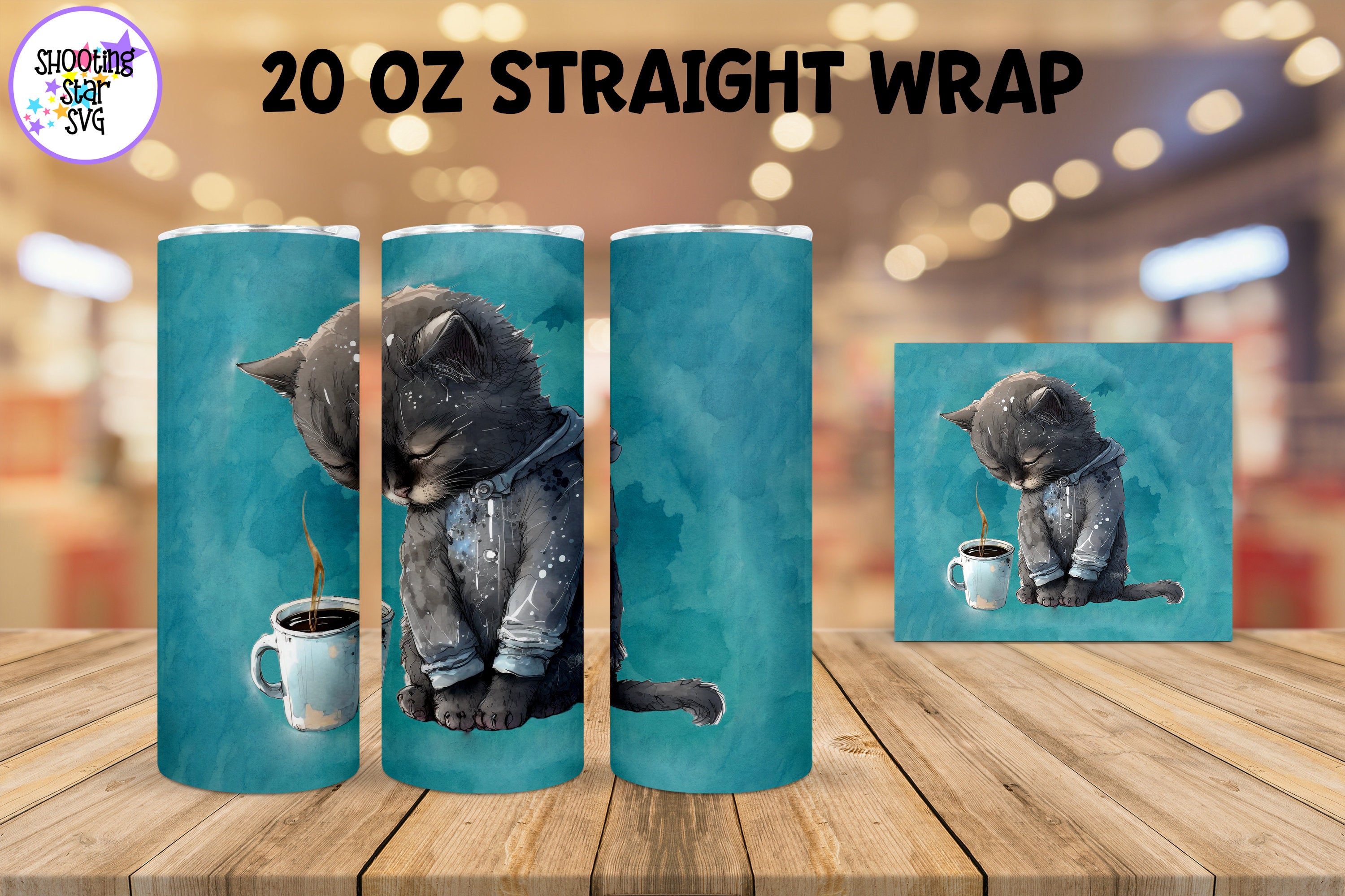 20 oz Sublimation Tumbler Wrap - Watercolor Sleepy Cat holding a Coffee