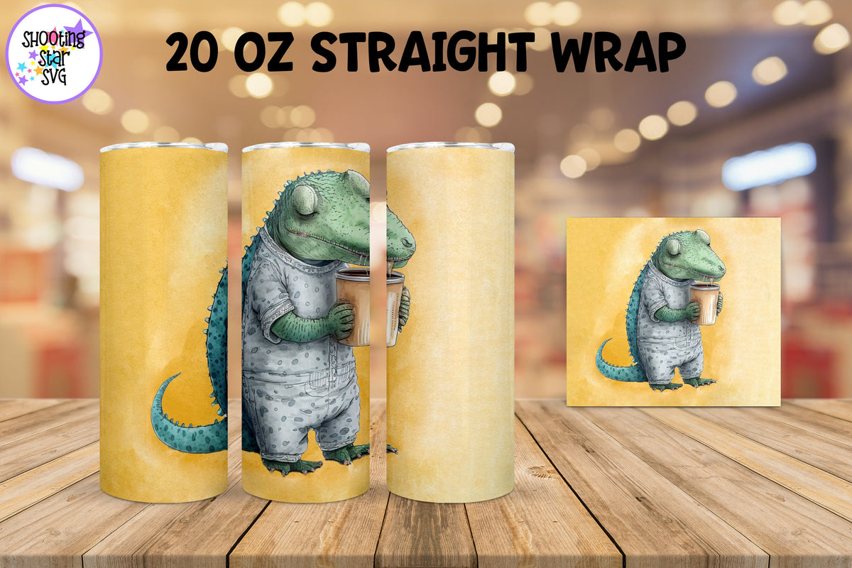 20 oz Sublimation Tumbler Wrap - Watercolor Sleepy Crocodile holding a Coffee