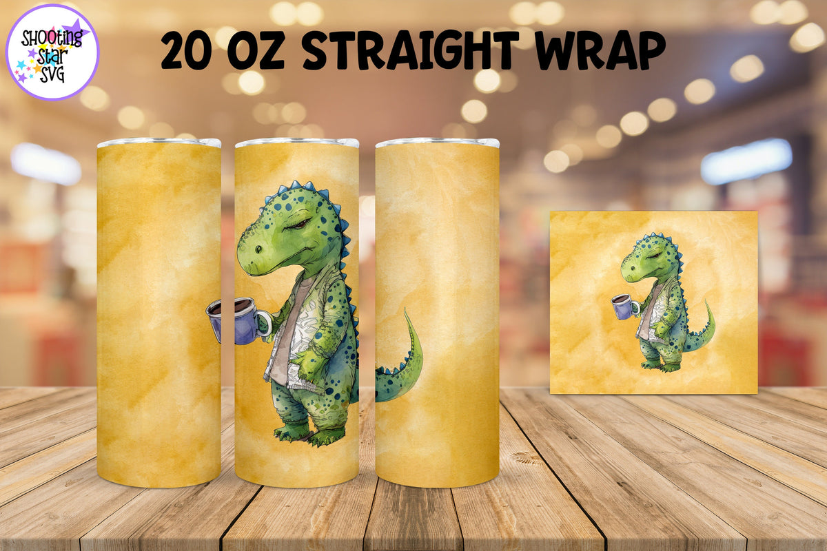 20 oz Sublimation Tumbler Wrap - Watercolor Sleepy Dinosaur holding a Coffee