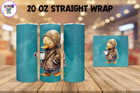 20 oz Sublimation Tumbler Wrap - Watercolor Sleepy Duck holding a Coffee