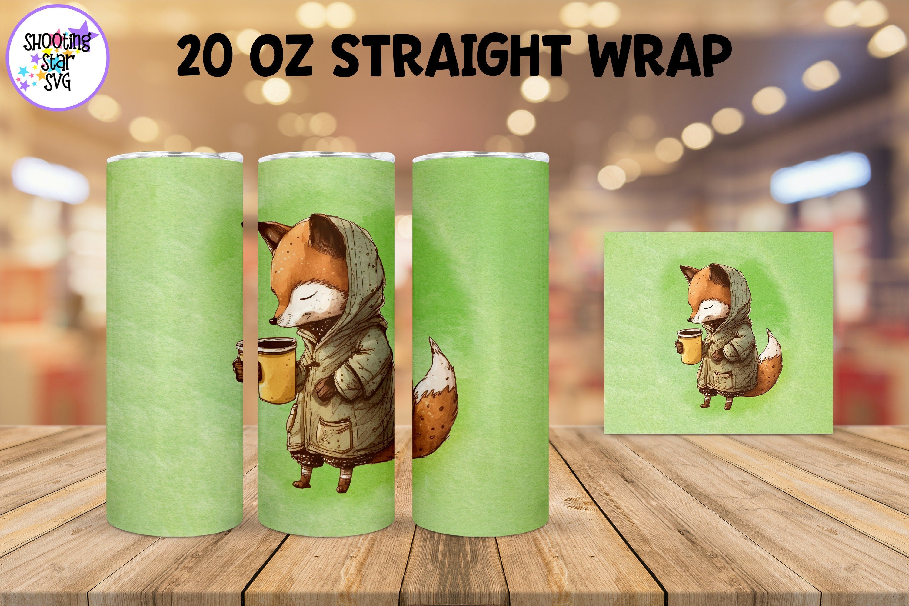 20 oz Sublimation Tumbler Wrap - Watercolor Sleepy Fox holding a Coffee