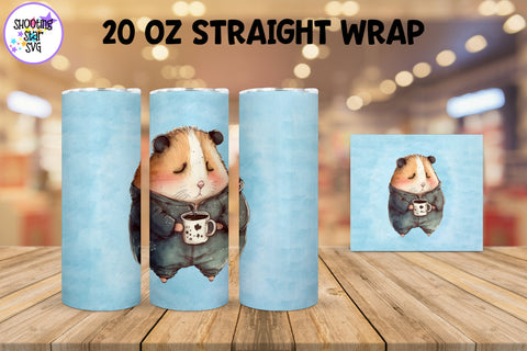 20 oz Sublimation Tumbler Wrap - Watercolor Sleepy Hamster holding a Coffee