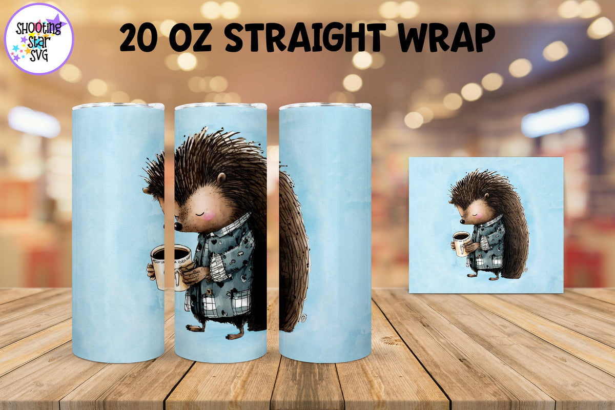 20 oz Sublimation Tumbler Wrap - Watercolor Sleepy Hedgehog holding a Coffee