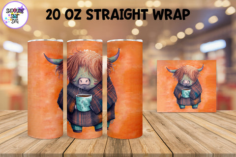 20 oz Sublimation Tumbler Wrap - Watercolor Sleepy Highland Cow holding a Coffee