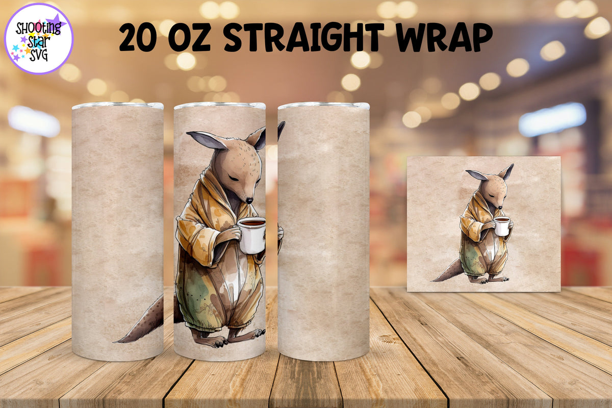 20 oz Sublimation Tumbler Wrap - Watercolor Sleepy Kangaroo holding a Coffee