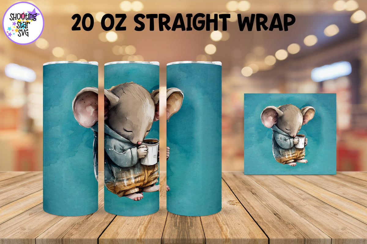20 oz Sublimation Tumbler Wrap - Watercolor Sleepy Mouse holding a Coffee