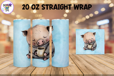 20 oz Sublimation Tumbler Wrap - Watercolor Sleepy Pig holding a Coffee