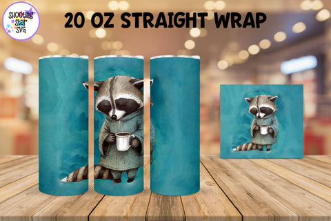 20 oz Sublimation Tumbler Wrap - Watercolor Sleepy Raccoon holding a Coffee