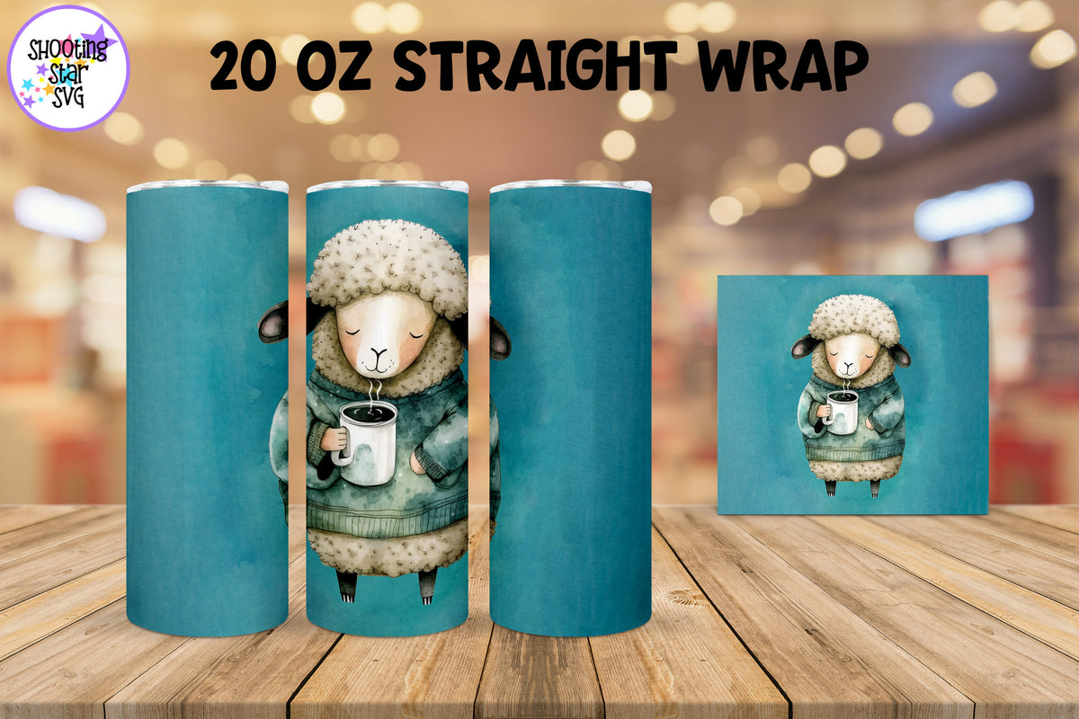 20 oz Sublimation Tumbler Wrap - Watercolor Sleepy Sheep holding a Coffee