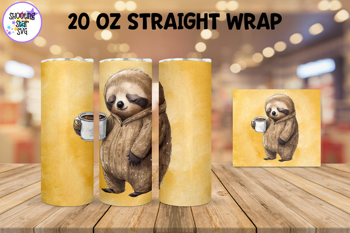 20 oz Sublimation Tumbler Wrap - Watercolor Sleepy Sloth holding a Coffee