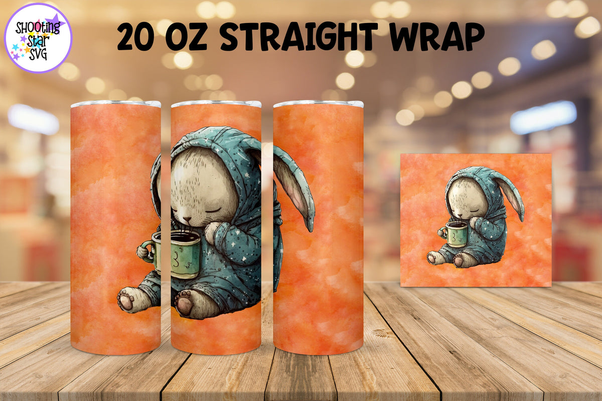 20 oz Sublimation Tumbler Wrap - Watercolor Sleepy Bunny holding a Coffee