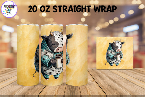 20 oz Sublimation Tumbler Wrap - Watercolor Sleepy Cow holding a Coffee